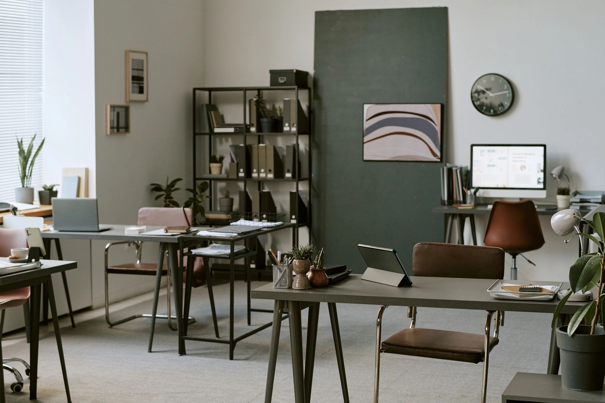 Modern bookkeeping workspace with desks and computers
